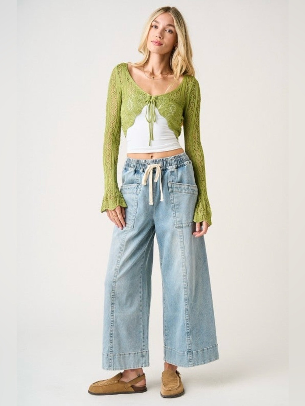 NWT Mittoshop Light Wash Wide Leg Denim Pants Elastic Waist Drawstring Jeans